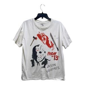 Friday the 13th Jason Voorhees Graphic Tee White L/XL 22x26 Faint Stain On Back